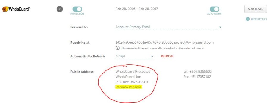 Whois guard international address highlighted
