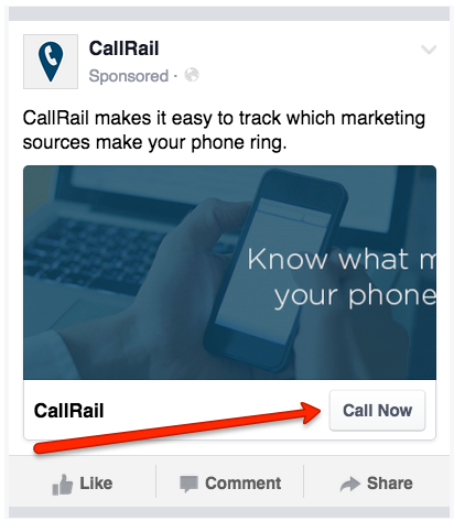 Here's an example of what Call Now buttons on Facebook look like. These buttons show up on mobile newsfeeds so users can click to call directly from the ad.