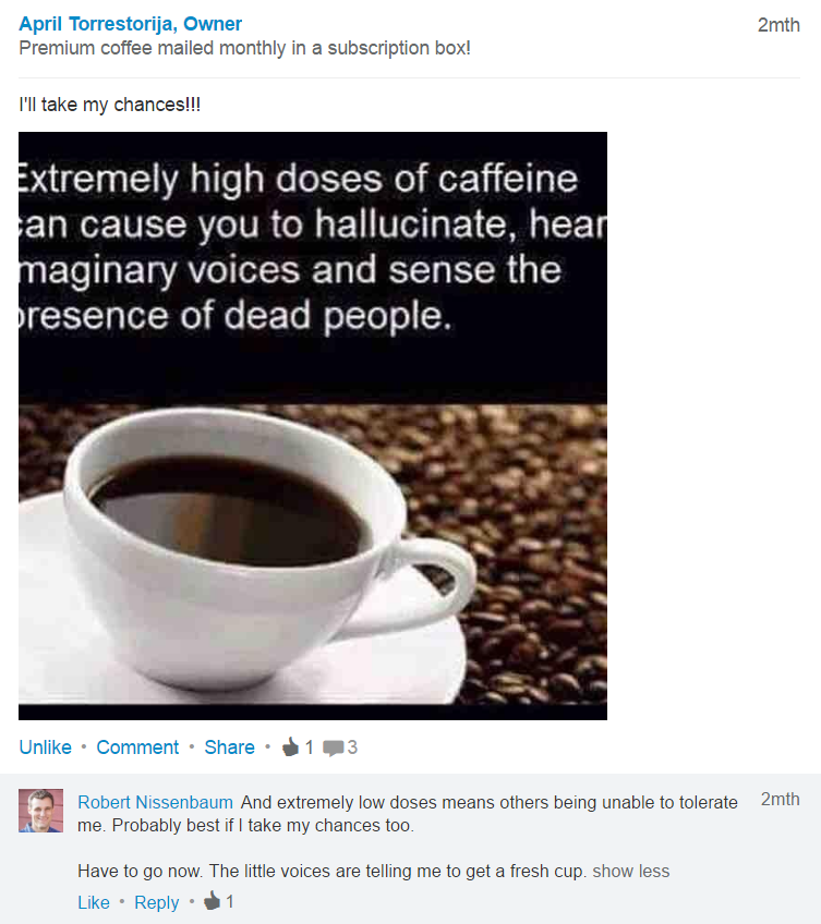 Linkedin post by April Torrestorija owner of noire jet coffee
