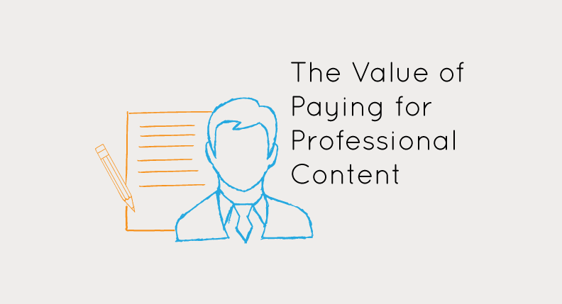 Paying for content — blue man in business suit in front of orange paper and pencil