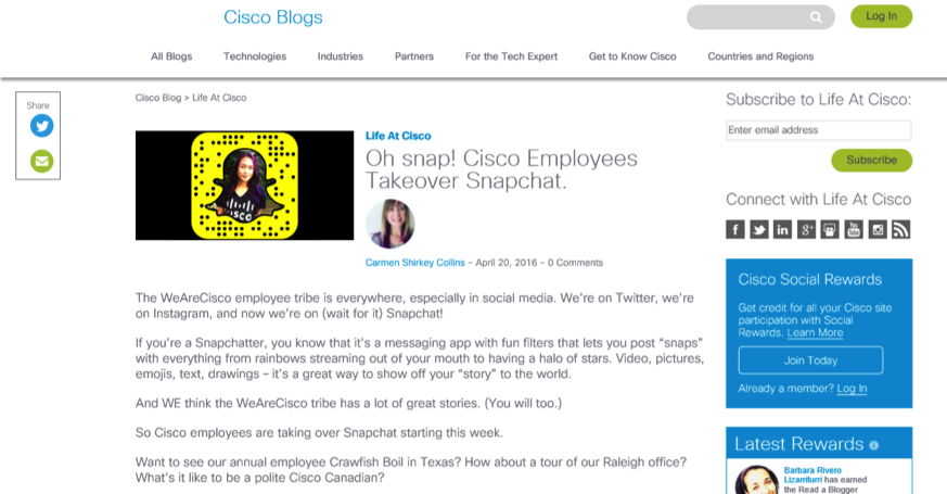 CISCO uses snapchat as a way to give employees an inside glimpse into the company