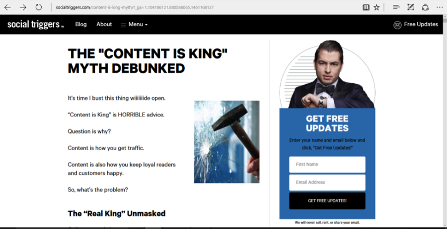 As this screenshot from the website Social Trigger illustrates, you can create interesting content by taking a contrarian view on past blog topics.