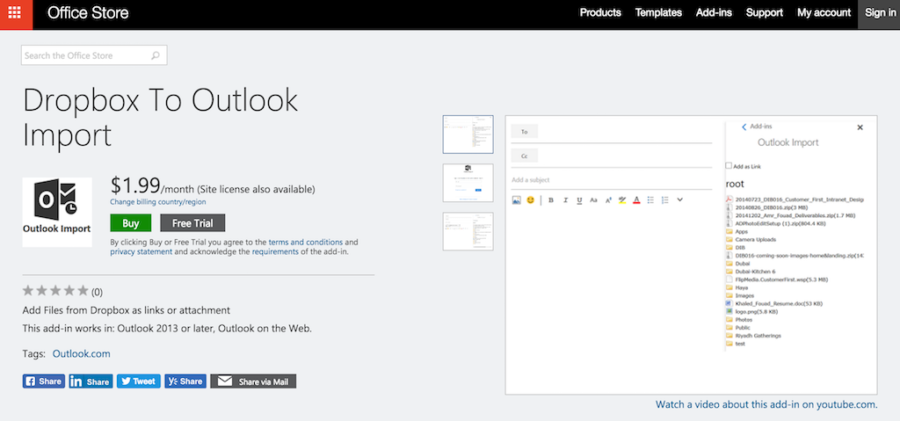 outlook extensions dropbox