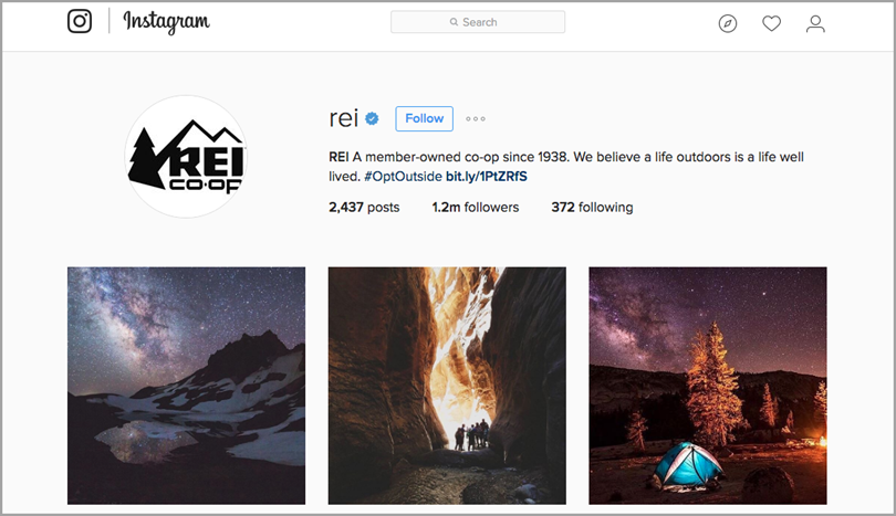 a post from REI’s Instagram account for leverage user-generated content