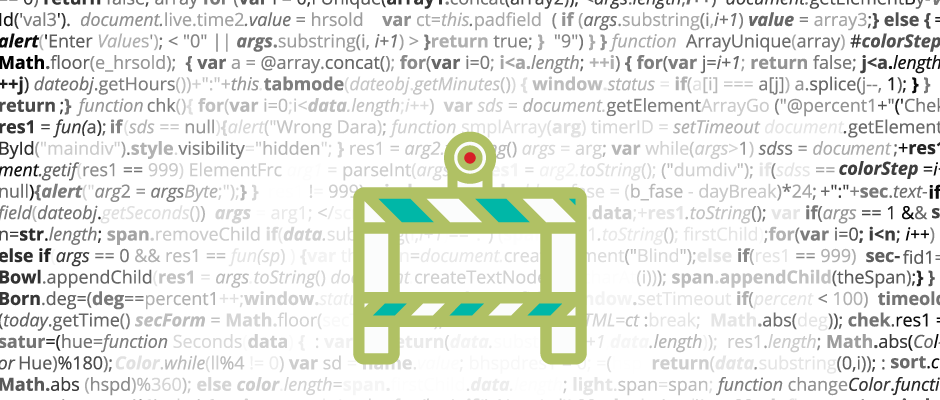Miscellaneous programming code in background with road barrier illustration in foreground