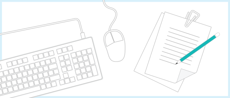 Illustration of a keyboard, mouse and clipboard with pencil and lines of text.