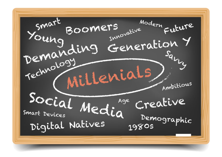 detailed illustration of a Millenials wordcloud on a blackboard, eps10 vector, gradient mesh included