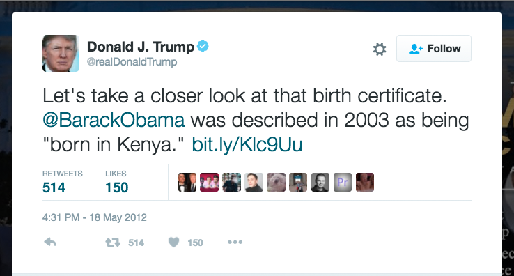 Donald Trump Tweets Obama Birth Certificate
