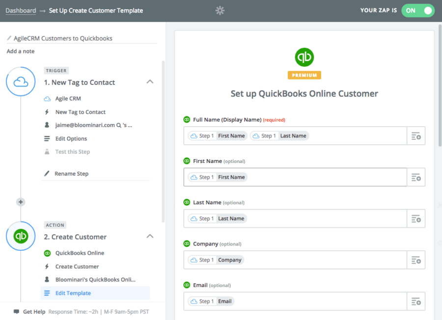 Syncing Data from Agile CRM to Quickbooks via Zap