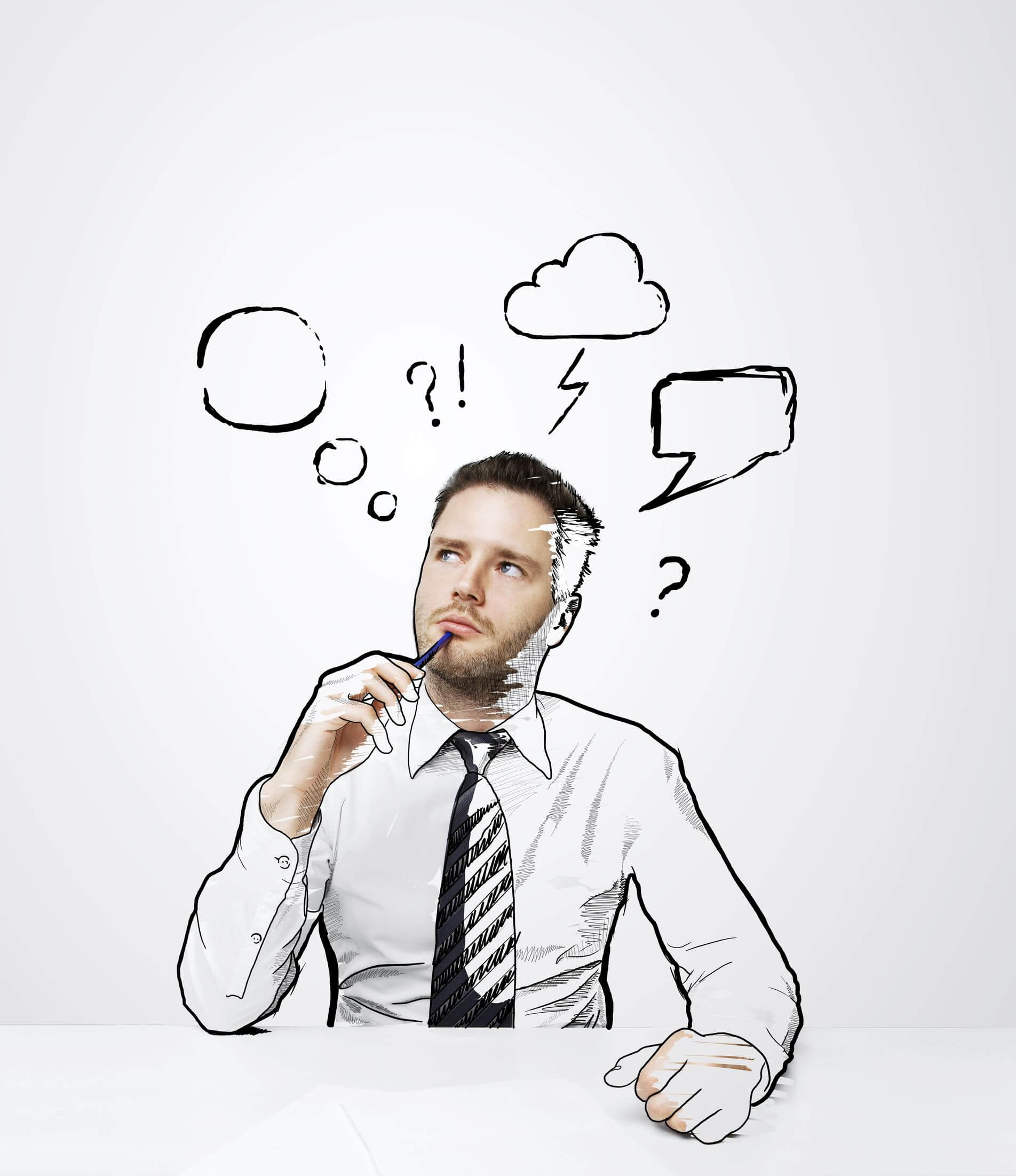 thinking drawing man sitting on table with cloud