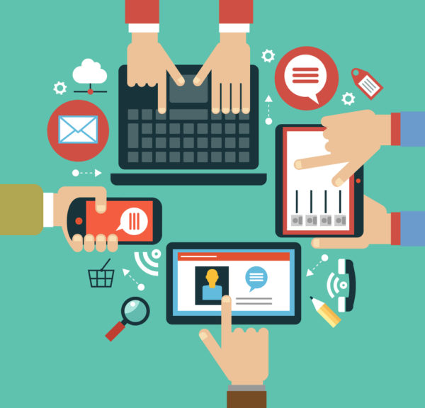 mobile apps concept. Mobile apps concept. Flat design vector illustration. Human hand with mobile phone, tablet, laptop and interface icons