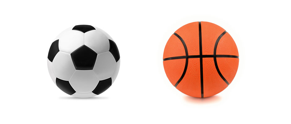 A soccer ball and a basketball side by side