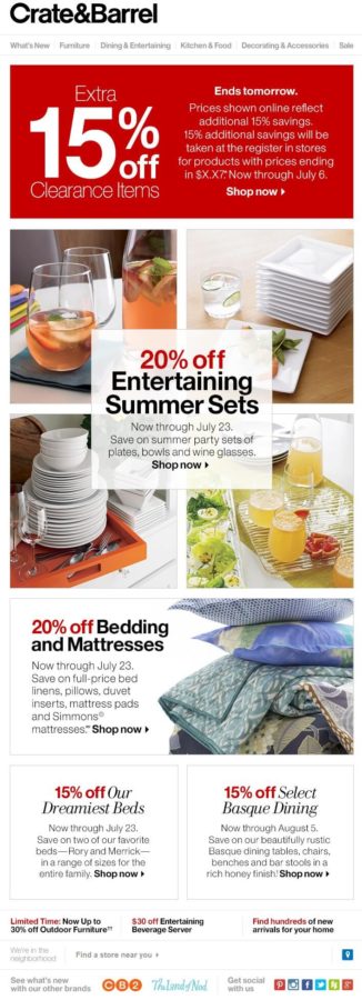 Promotional business email sample of Crate and Barrel