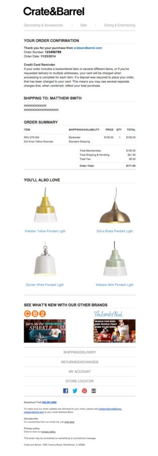 Transactional email sample by Crate & Barrel