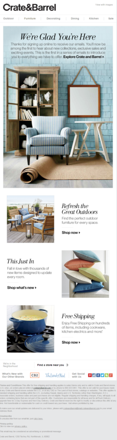 Welcome email sample of Crate and Barrel.