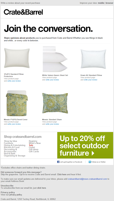 crate and barrel leave a review email sample