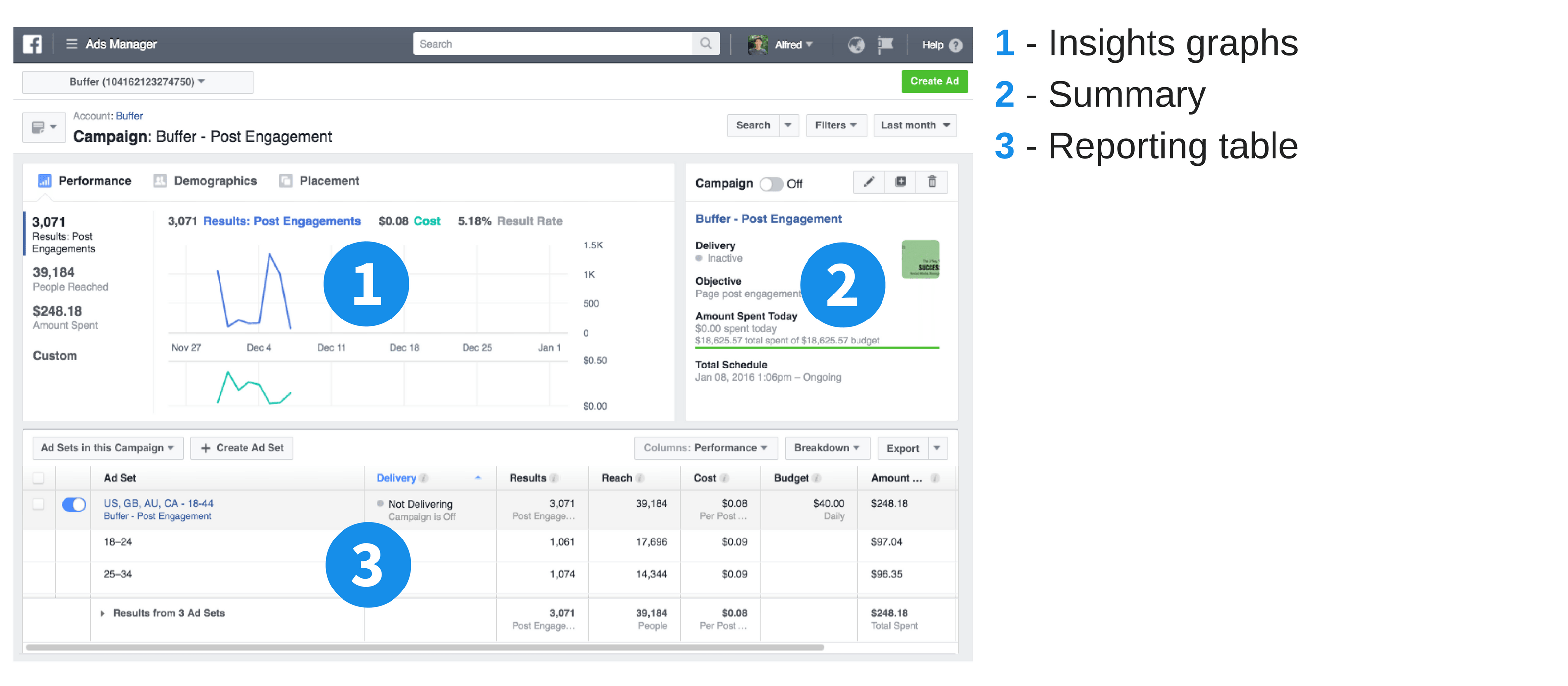 Facebook Ads Manager campaign view