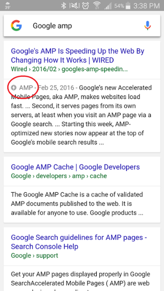 screen shot of search results on a mobile device, with the top result showing the AMP icon