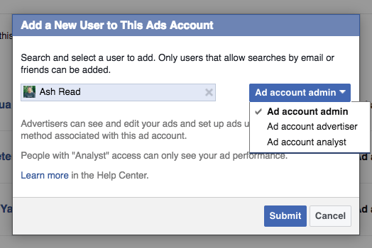 Select type of ad account permissions
