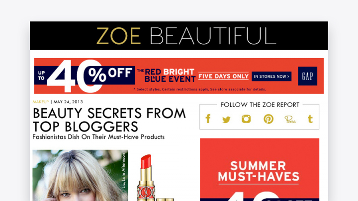 ZoeBeautiful Banner Ads in Email Newsletter
