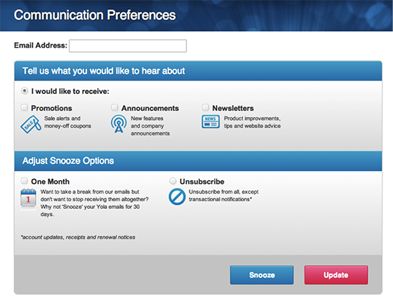 Yola’s preference center allows subscribers to opt out of various types of email messages, including promotions, announcements and newsletters
