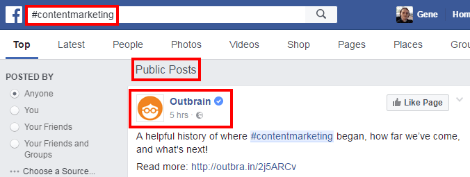 Search results for a hashtag search on Facebook