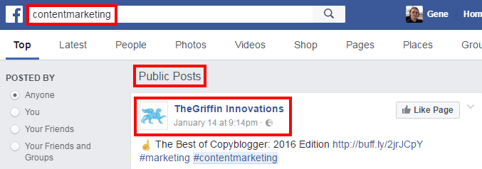 Search results for a keyword search on Facebook
