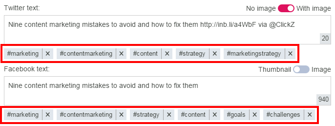 A screenshot that shows how inboundli suggests relevant hashtags