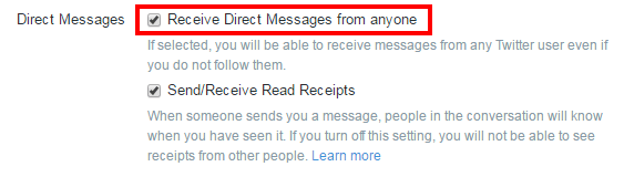 The option in Twitters settings to receive Direct Messages from anyone