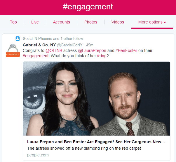 A screenshot that shows a hashtag search on Twitter
