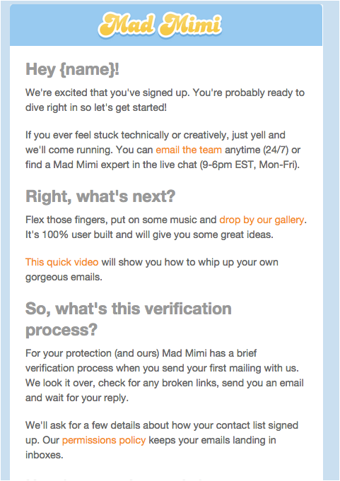 Mad Mimi Onboarding Email
