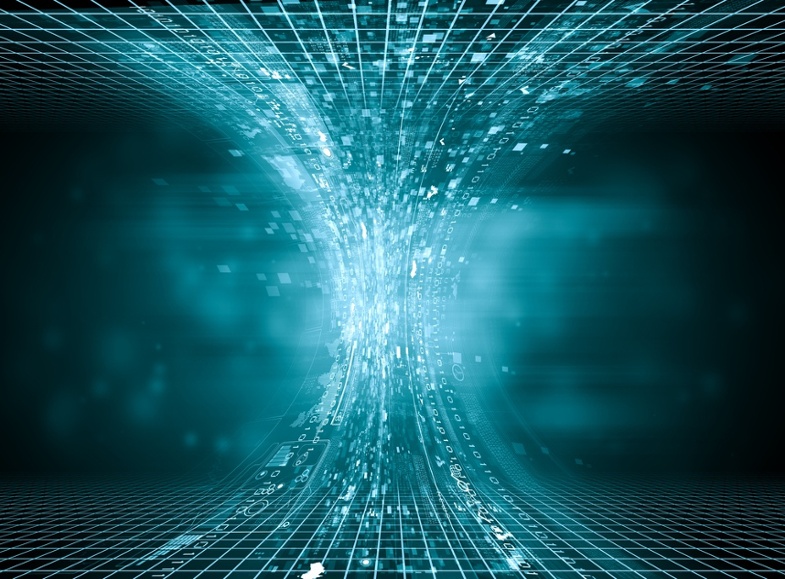 Blue digital funnel against dark background. Technology concept.jpeg