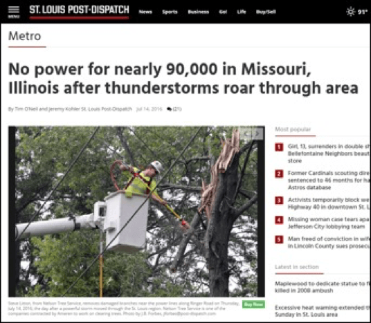 A newspaper snippet showing the power outage that happened in Missouri