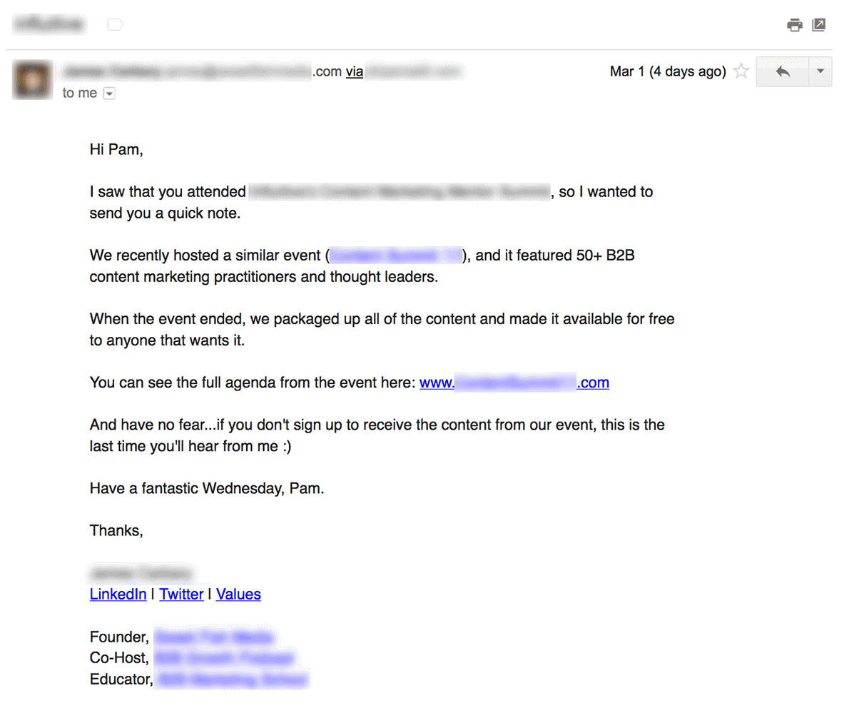 This image shows an example sales followup email with 104 words.