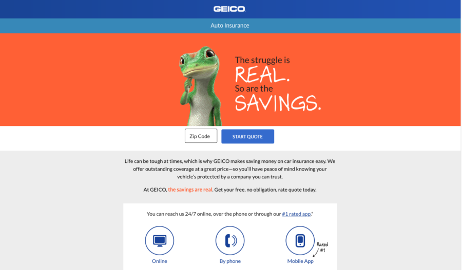 geico landing page message matching