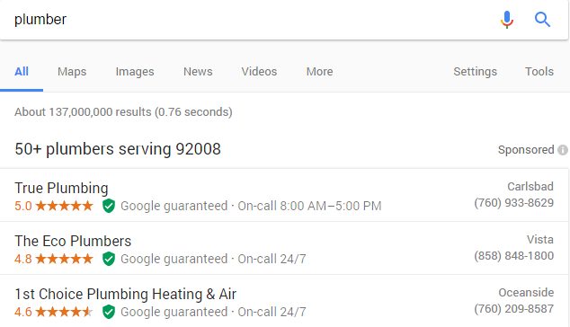 Google Guaranteed Service Search - Plumber Carlsbad