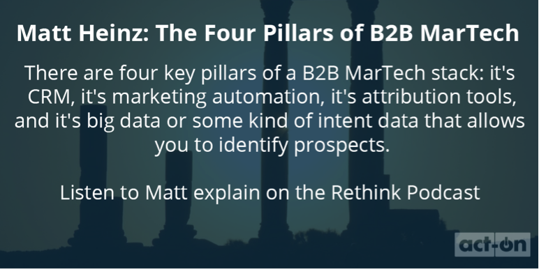 This is a pull quote of Matt Heinz’s four key pillars of a MarTech stack. He explains this and his executive dashboard for marketers on the Rethink Podcast.