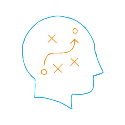 SMART action plan — blue outline of a persons head with simplified football strategy with xs and os and an arrow showing a route.
