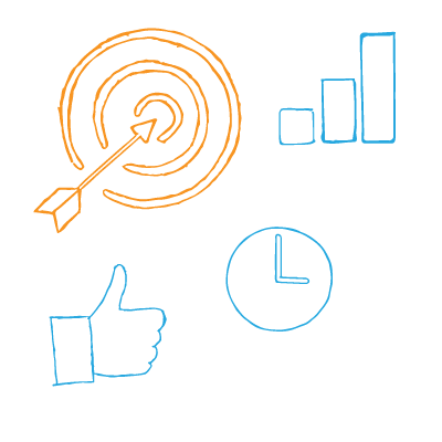 SMART action plan — arrow hitting a target, thumbs up, clock, simplified graph