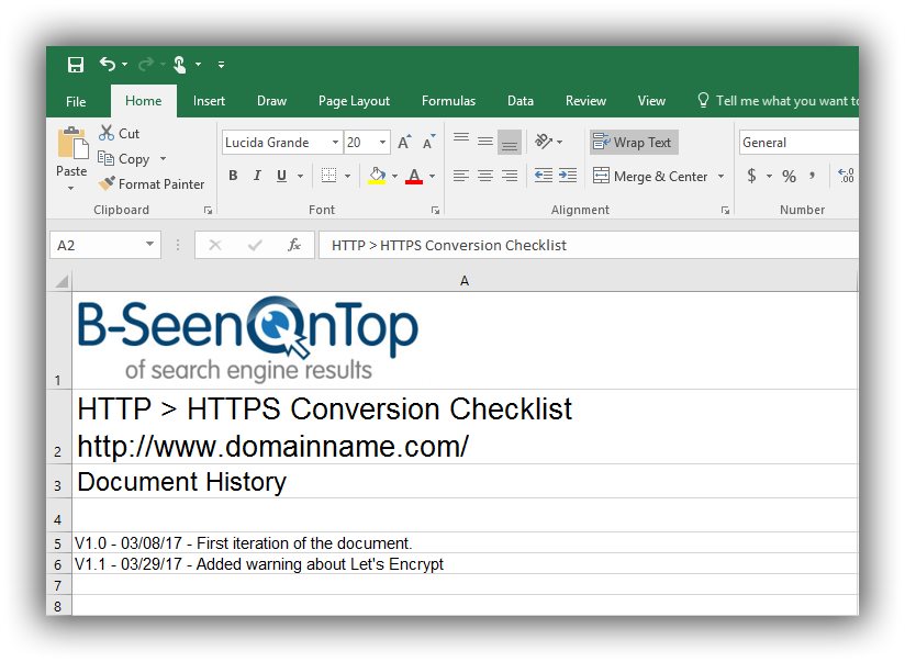 Snapshot of the first tab of the conversion checklist 