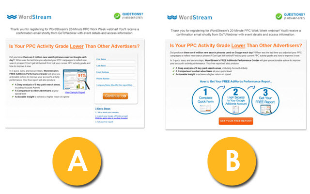 Instagram giveaways WordStream web form AB test example
