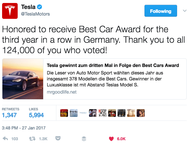 Tesla showing appreciation on Twitter