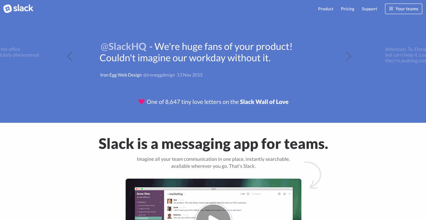 Slack user testimonials on a landing page