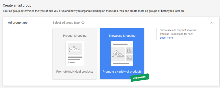 showcase shopping ad format in adwords