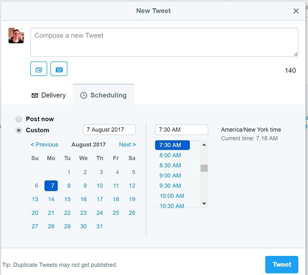 Scheduling tweets options screenshot