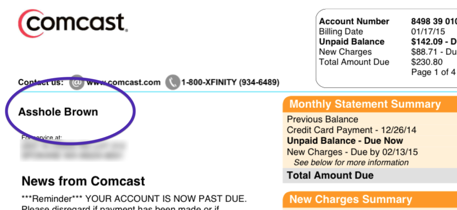 comcast ahole bill