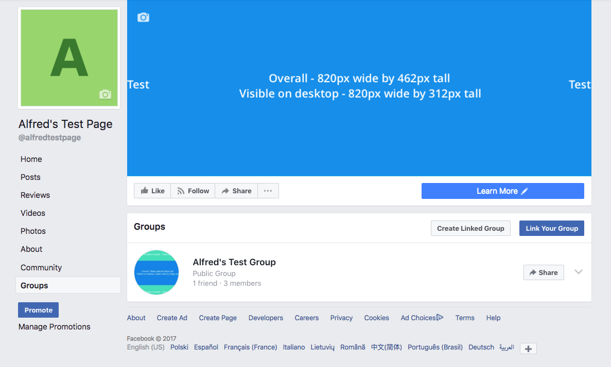 Test Facebook Page and group