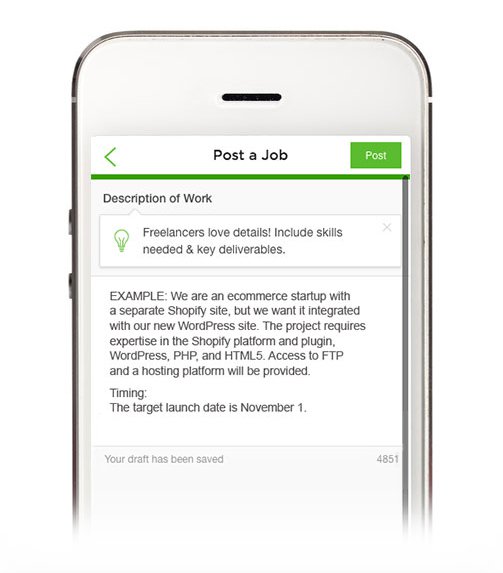 Close-up of one of several Upwork job posting screens as seen on a mobile device