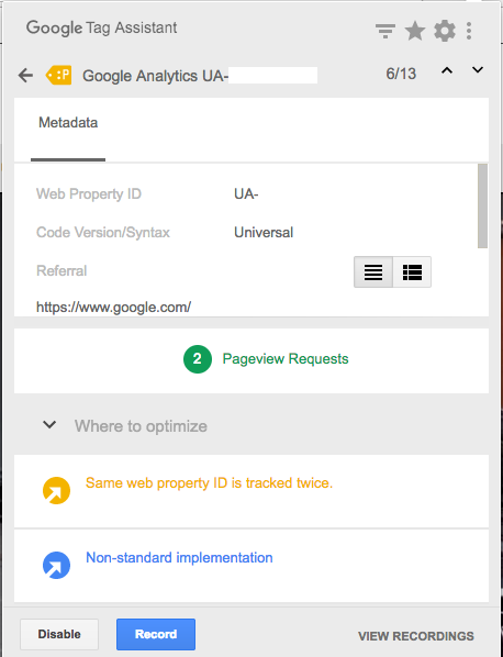 Improper Google Analytics Installation Screenshot