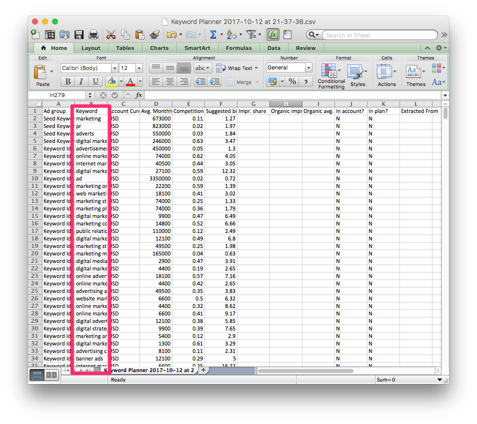 Excel document with keyword lists